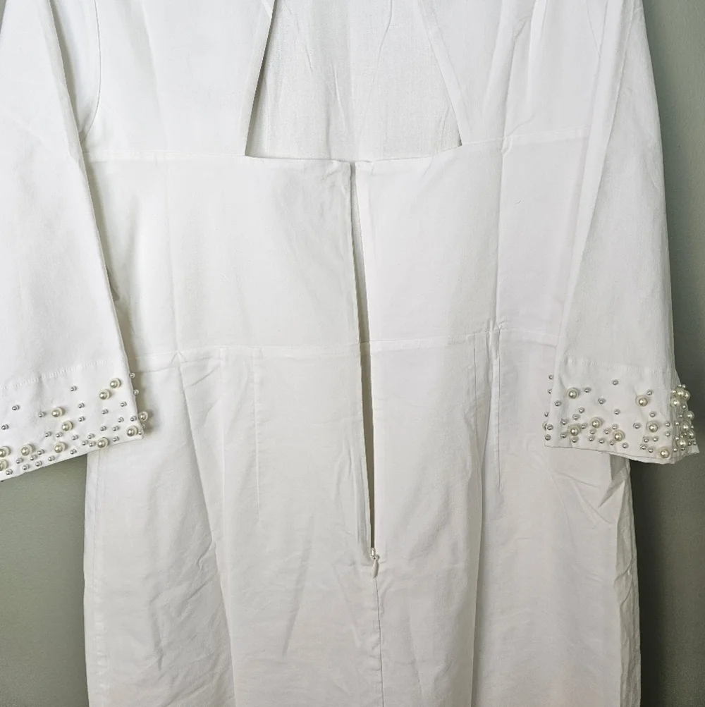 BHLDN Brynlee Mock-Neck 3/4 Sleeve Mini Dress w Pearl Accents, Ivory, LARGE